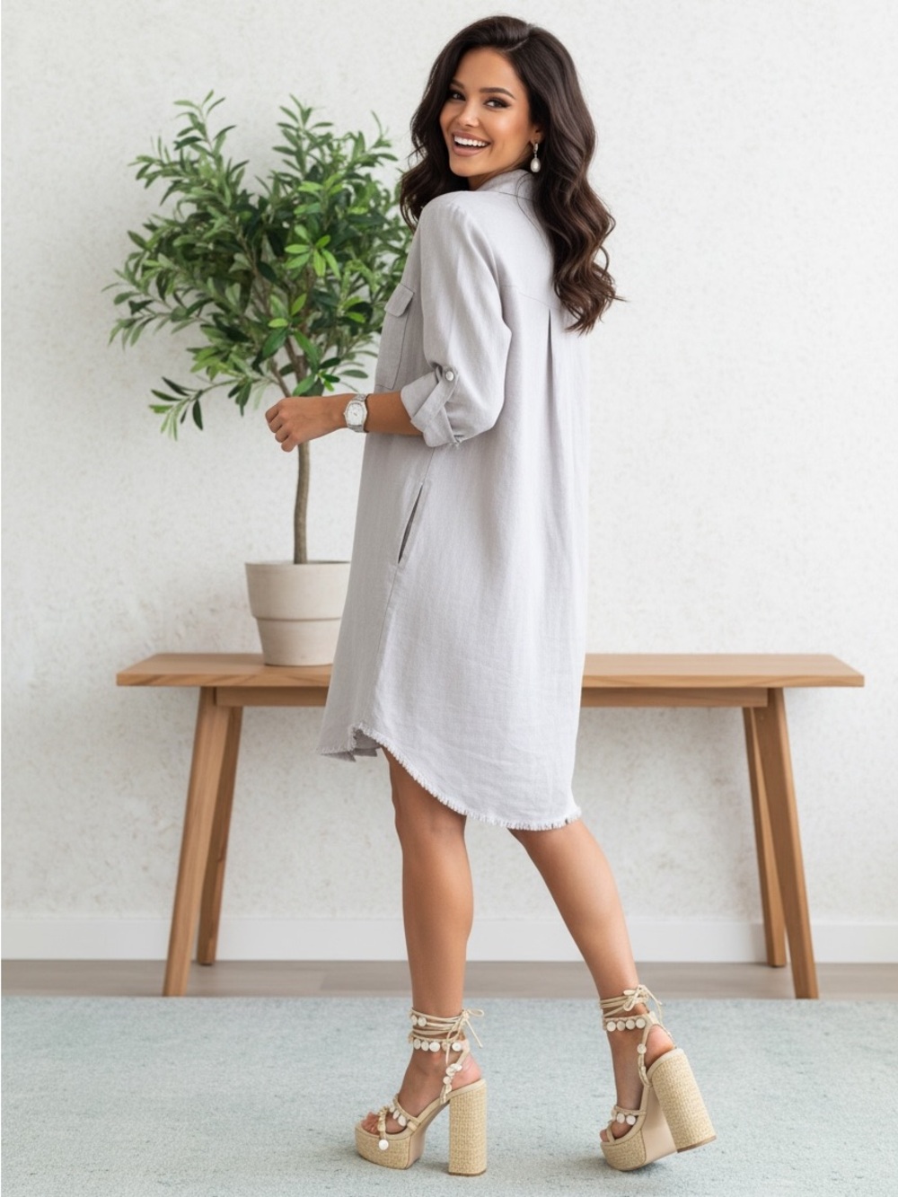 Light Gray Button-Front Mini Shirt Dress - Picture 4 of 11